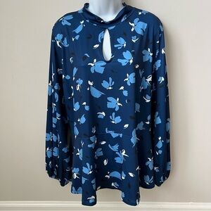 Eloquii Peplum Tie Neck L/S Top Boho Keyhole Back Cut Out Stretch Blue Floral 20